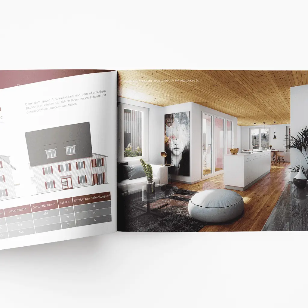 Eine Immobilien-Broschüre mit einem Bild eines Hauses und einem Grundriss.