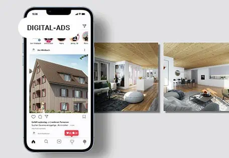 Online-Werbung für Immobilien mit einem digitalen Anzeigenbild auf einem Telefon.