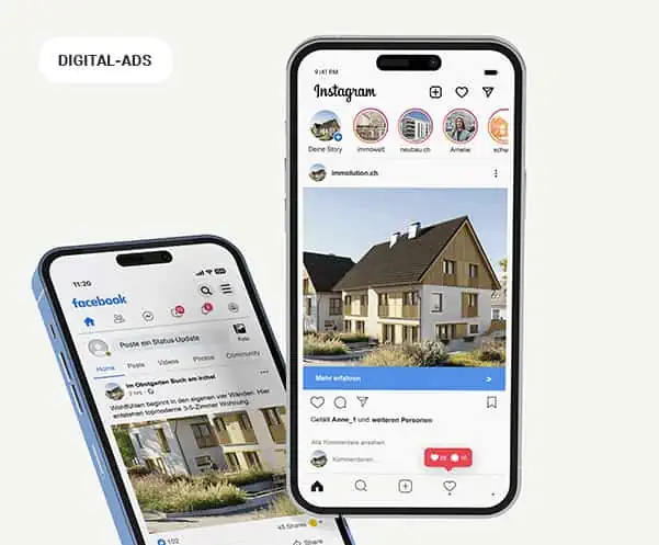 Zwei iPhones zeigen auf Instagram eine digitale Anzeige für Immobilien.