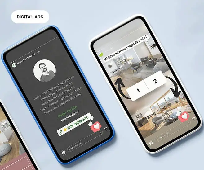 Zwei Smartphones mit Digital Home App zur Online-Werbung von Immobilien.