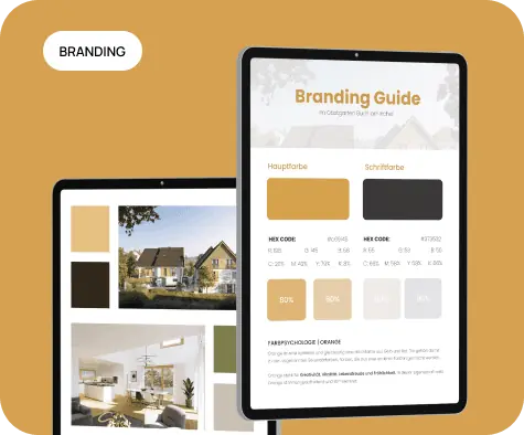 Ein Tablet-Bildschirm mit einem Branding-Leitfaden für Immobilien.