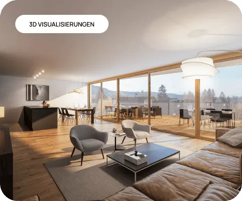 Eine 3D-Visualisierung eines architektonischen Wohnzimmers.