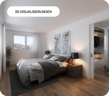 Eine 3D-Visualisierung eines Schlafzimmers mit Bett und Nachttisch für Architektur- und Immobilienzwecke.
