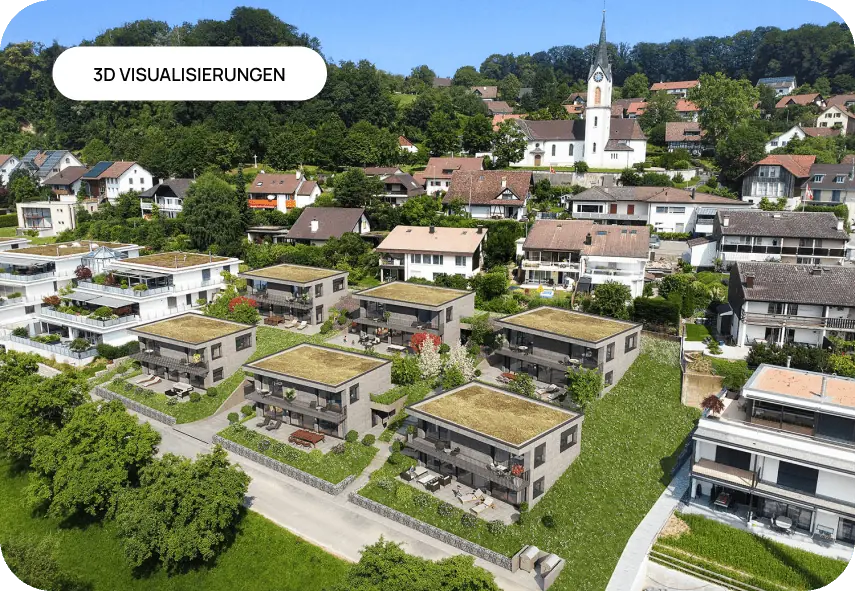 Luftaufnahme von Stadthäusern und Bäumen, erweitert durch 3D-Visualisierungen.