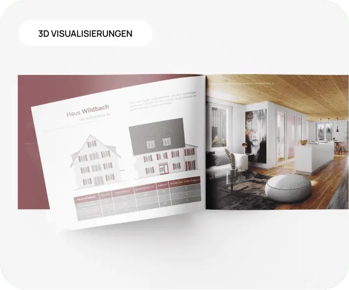 Eine Broschüre mit 3D-Visualisierungen von Architektur und Immobilien.