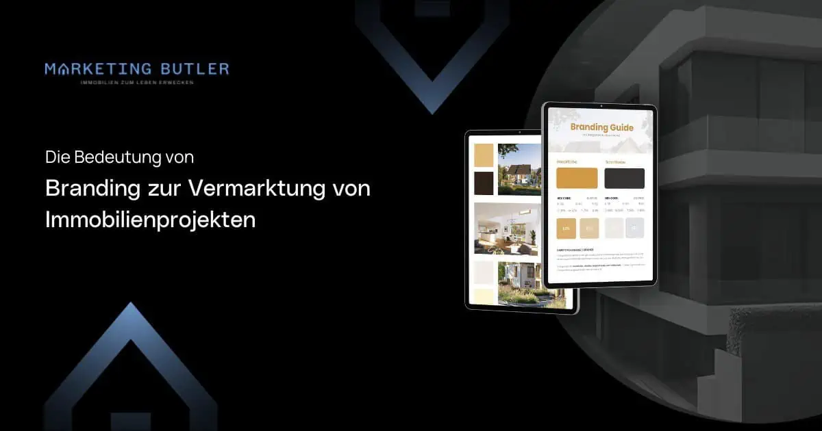 A branding guide is displayed on digital devices against a dark background, promoting innovative Immobilien Marketing strategies for real estate professionals.