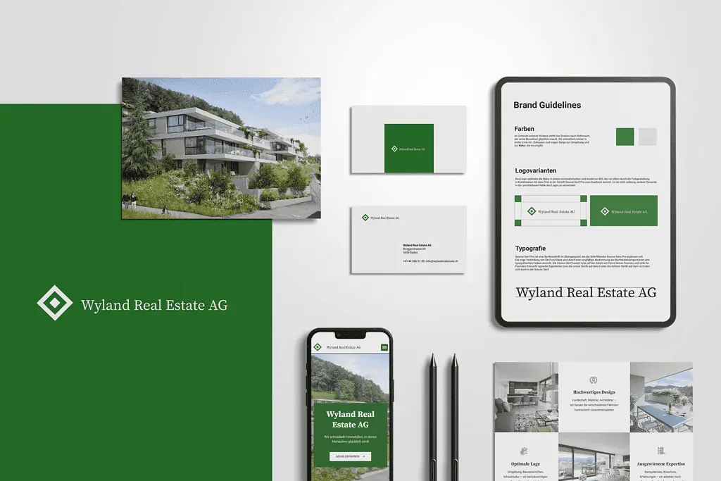 Logo und Visitenkarten der Wyld Real Estate AG, entworfen von einer Immobilienmarketingagentur.