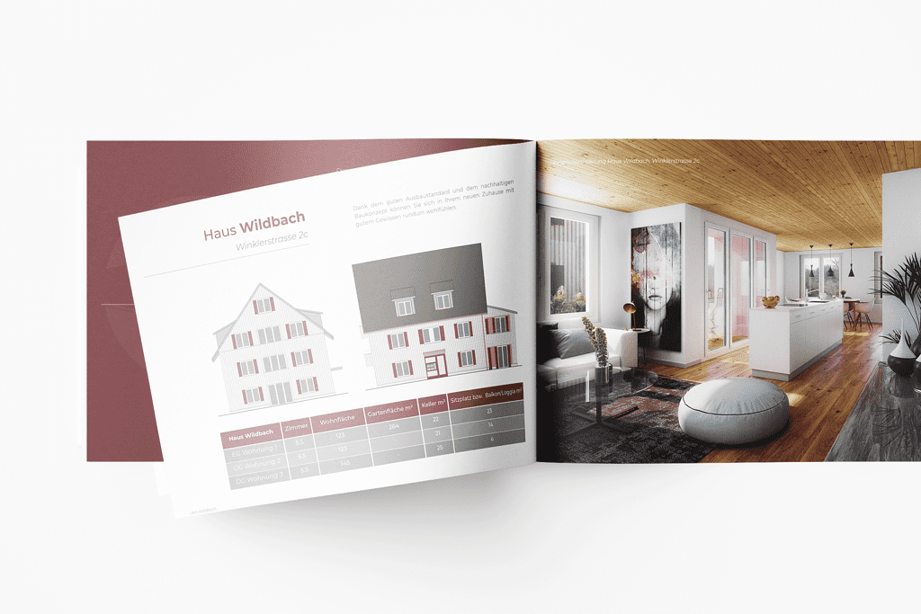 Eine Broschüre, die das Innere des Hauses zeigt, gestaltet von einer Immobilien Marketing Agentur.