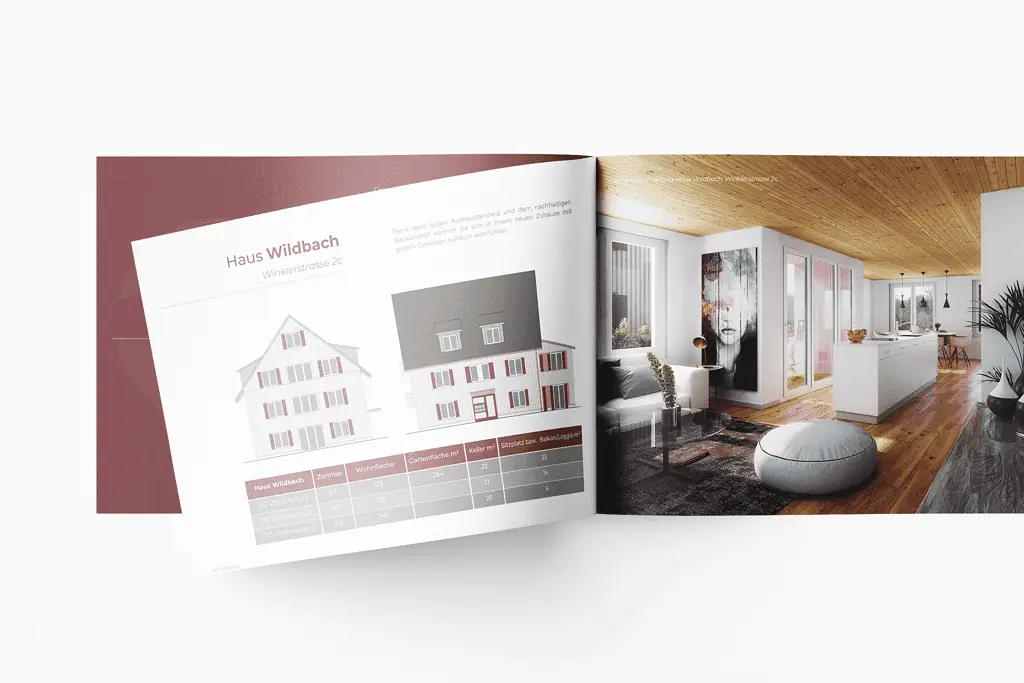 Immobilienmarketingagentur erstellt fesselnde Broschüre, die das Innere des Hauses präsentiert.