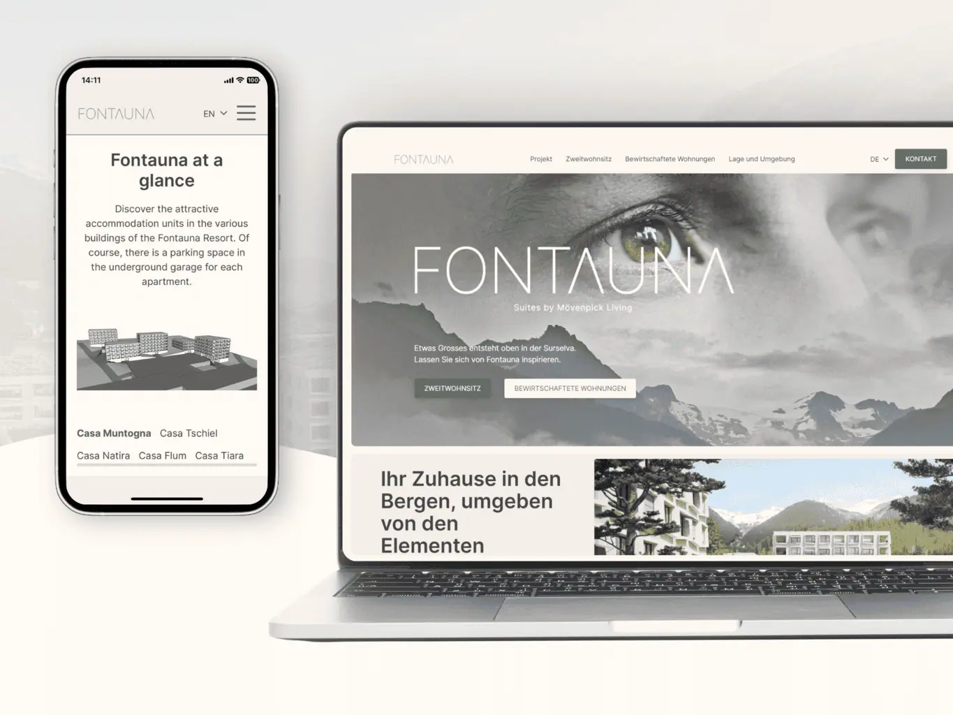 Ein Smartphone und ein Laptop, auf denen eine Webseite für ein Wohnprojekt namens „Fontauna“ mit Informationen und Bildern der Siedlung und der umgebenden Landschaft angezeigt wird, wodurch die neueste Ergänzung unseres Grafikdesign-Portfolios hervorgehoben wird.