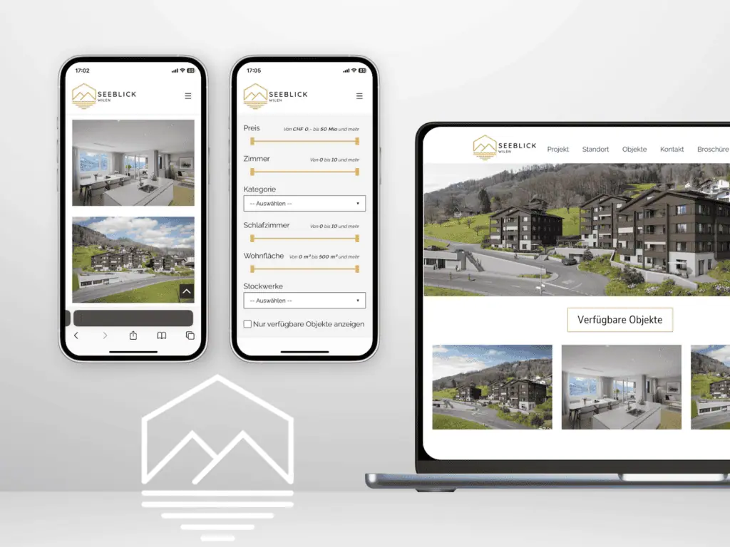 Three digital devices displaying a real estate website interface with images of properties and search filters.