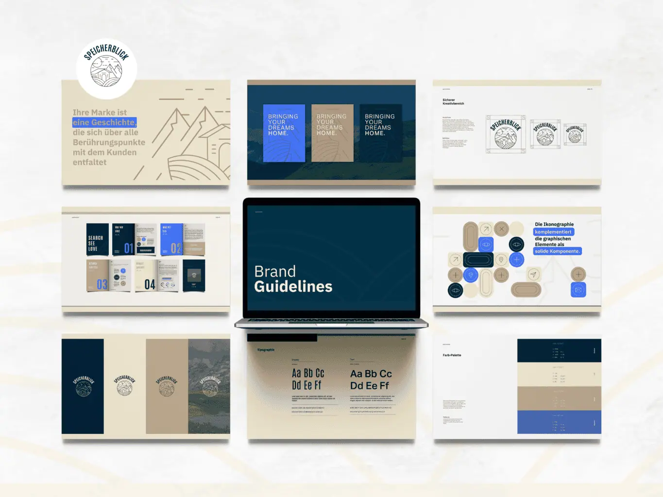 Präsentation der Corporate-Markenrichtlinien auf verschiedenen Materialien, darunter Büchern, Karten und einem Laptop, in einem Farbschema aus Blau und Gold nach einer Portfolio-Neugestaltung.