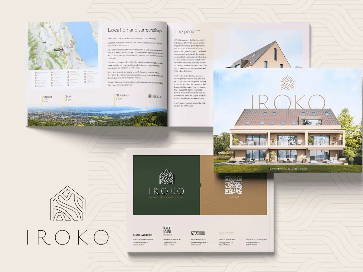 Modell einer Immobilienbroschüre für „Iroko“ mit Außenaufnahmen eines modernen Gebäudes, Lageplan und QR-Code-Kontaktdaten als Teil einer Portfolio-Neugestaltung.