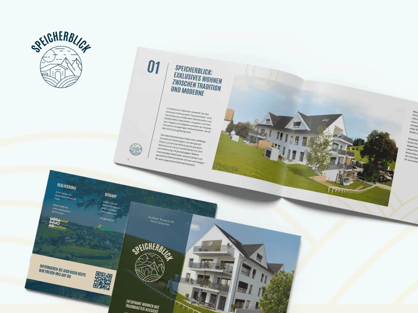 Marketingmaterialien für die Immobilien von „Speicherblick“, darunter eine aufgeschlagene Broschüre mit einem modernen weißen Gebäude, kleinere Broschüren und eine Visitenkarte zur Portfolio-Neugestaltung.