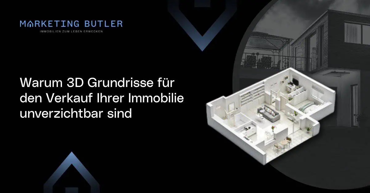 A 3D floor plan model is displayed alongside German text highlighting the importance of 3D visuals in Immobilien Marketing for real estate sales, with a house exterior in the background.