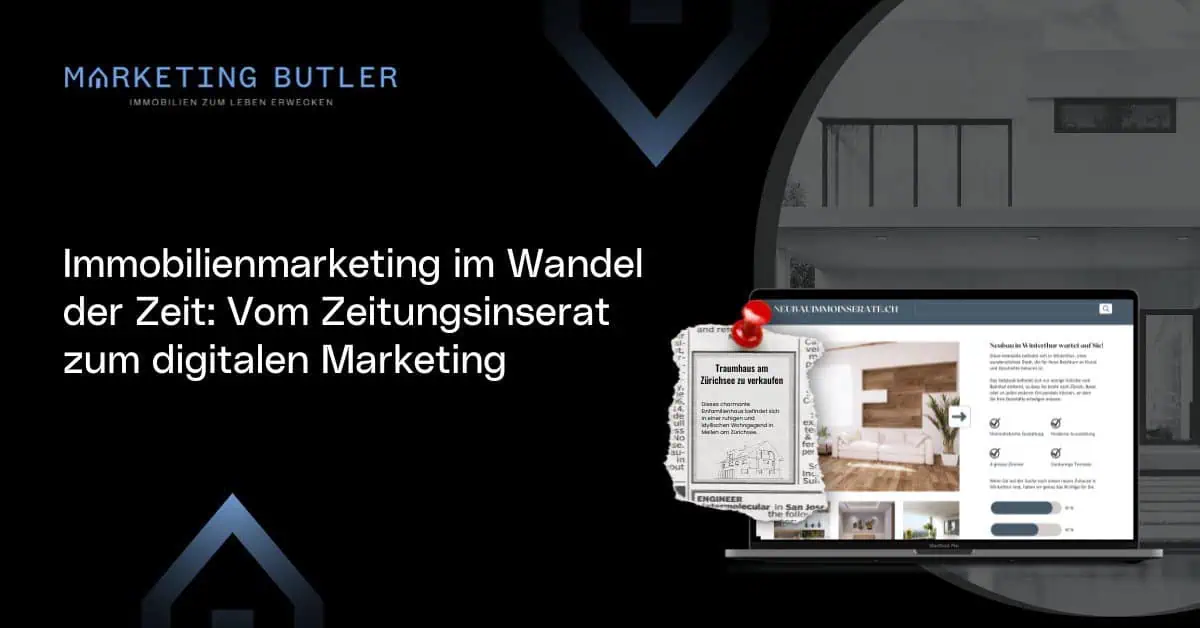 German text on a black background with a laptop displaying an Immobilien Marketing website.