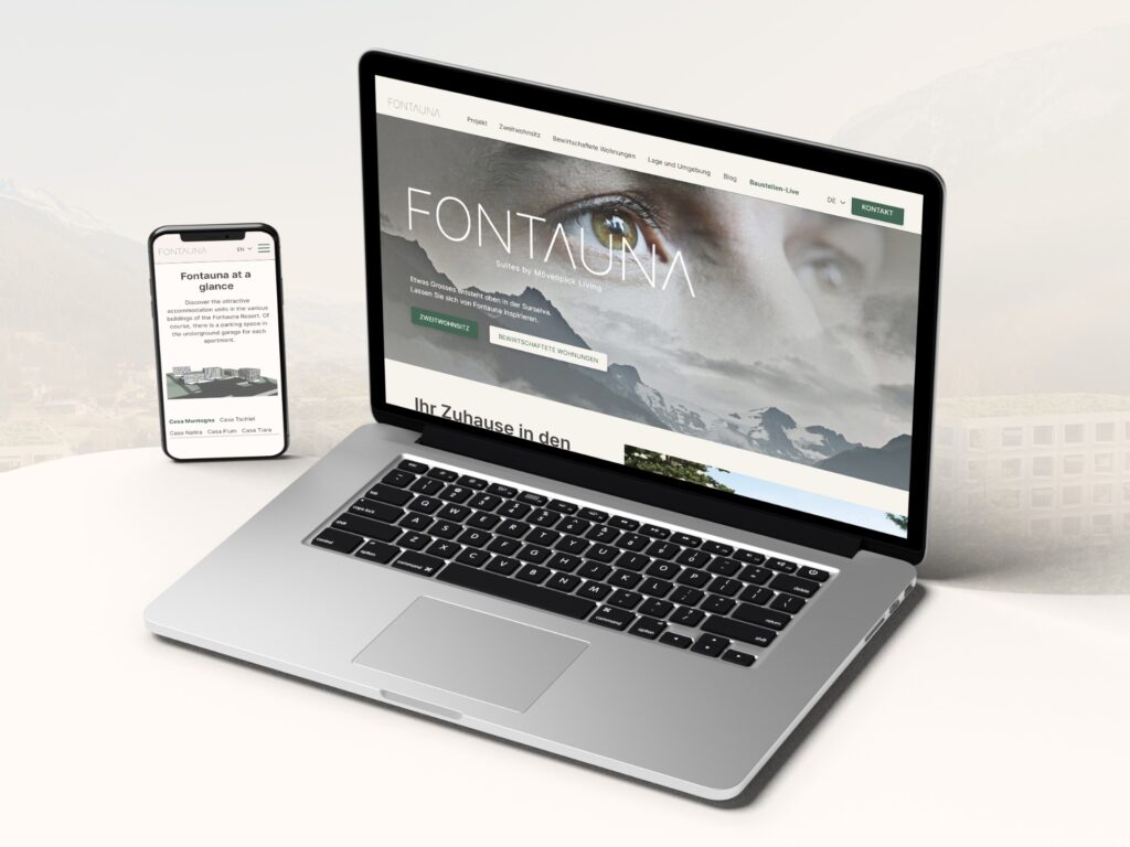 A laptop and smartphone showcase the Fontauna website, where images of nature blend seamlessly with intuitive menu options, all designed by a real estate marketing agency.