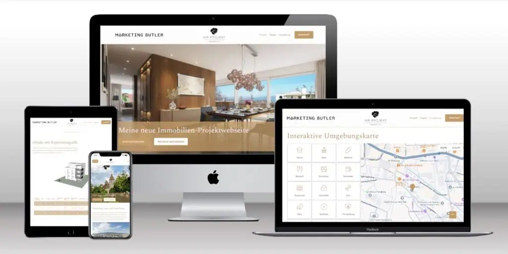 The digital marketing interface is showcased across a smartphone, tablet, laptop, and desktop. It features a comprehensive real estate website complete with engaging images, detailed maps, and user-friendly navigation menus.