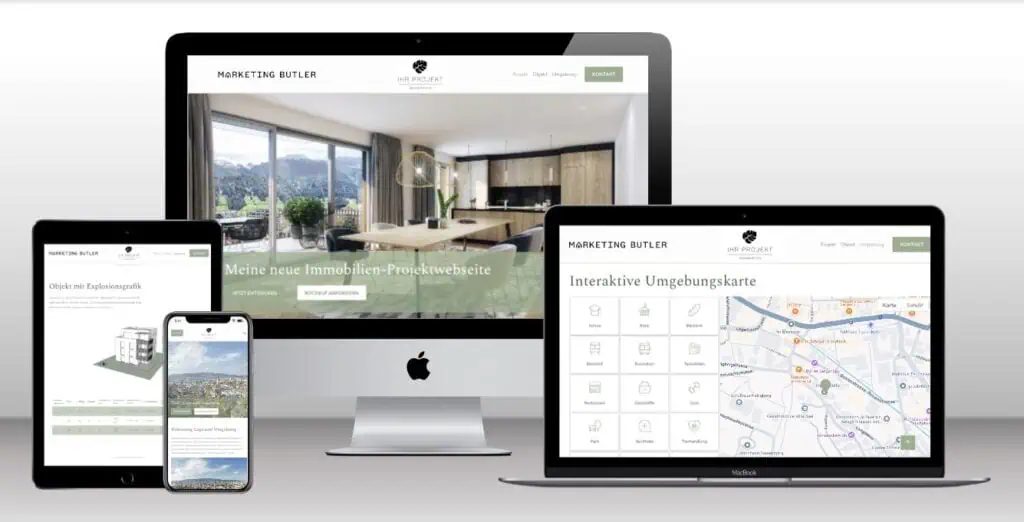 The responsive real estate website design is beautifully showcased on an iMac, MacBook, iPad, and iPhone, featuring an interactive map that enhances the project presentation.