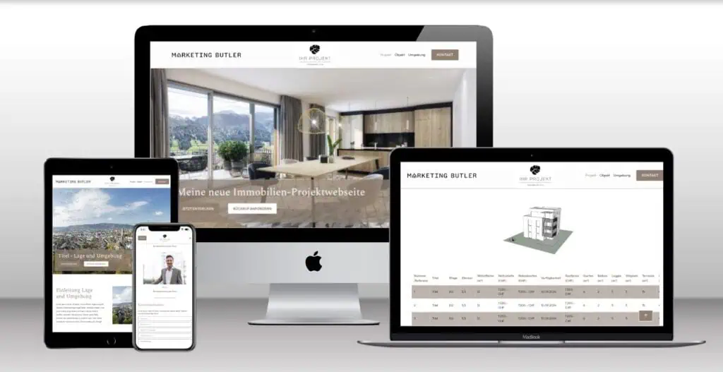 A real estate website beautifully displayed across various devices, including an iMac, MacBook, iPad, and iPhone, all set against a neutral background showcasing seamless design integration with captivating images and text.