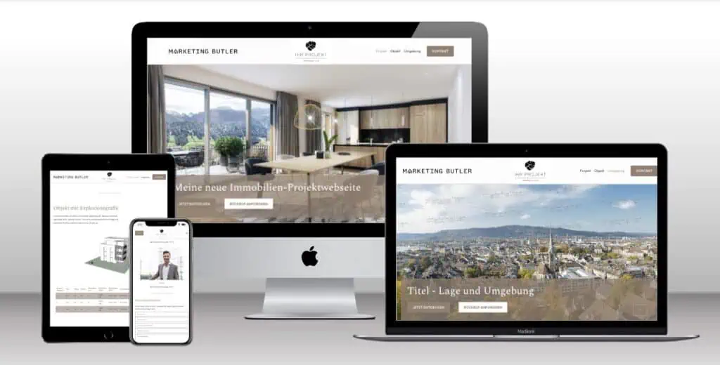 Eine Vielzahl von Apple-Geräten, darunter ein iMac, ein iPhone, ein iPad und ein MacBook, präsentieren eine beeindruckende Immobilien-Webseite. Die Site zeigt sowohl Innen- als auch Außenaufnahmen eines faszinierenden Immobilienprojekts.