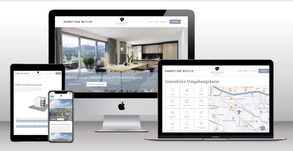 A variety of devices, including a desktop, laptop, tablet, and smartphone, showcase the real estate website's property images and interactive map.